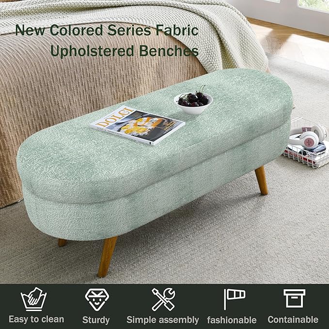 Oval Storage Bench 43.5" Linen Fabric Upholstered Entryway Bench with Solid Wood Legs Ottoman Bench Indoor Bench for Living Room/Bedroom/End of Bed/Entryway (Cyan)