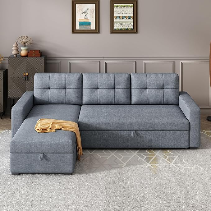 Ball & Cast L-Shape Reversible Sectional Sleeper Sofa Bed,Linen Upholstered 4 in 1 Pull Out Couch with Storage Chaise & Removable Back Cushions,Convertible Corner Sectionals for Living Room,Office