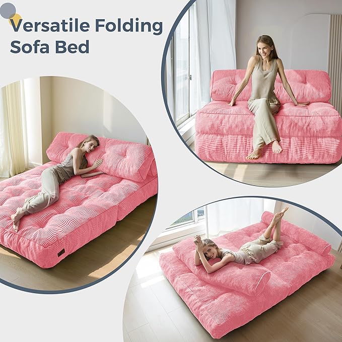 MAXYOYO Folding Sofa Bed, Convertible Sleeper Chair with Pillow Foldable Matress with Back Support, Portable Fold Out Chair Bed Comfy Floor Sofa Lounge for Living Room Bedroom, Pink Double