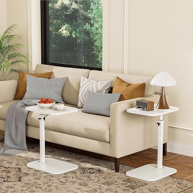 C Shaped End Table for Couch, Adjustable Height Couch Side Table, Horizontal 360°Swivel Small TV Tray Table Couch Side Tables That Slide Under (White)