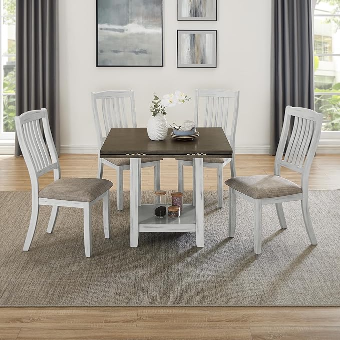 Ball & Cast 5 Pieces Dining Table Set with 4 Chairs and 51" Round Folding Dining Table,Kitchen Table and Chairs for 4 W/Trestle Table Base,for Small Space,Apartment,Dining Room,Brown White