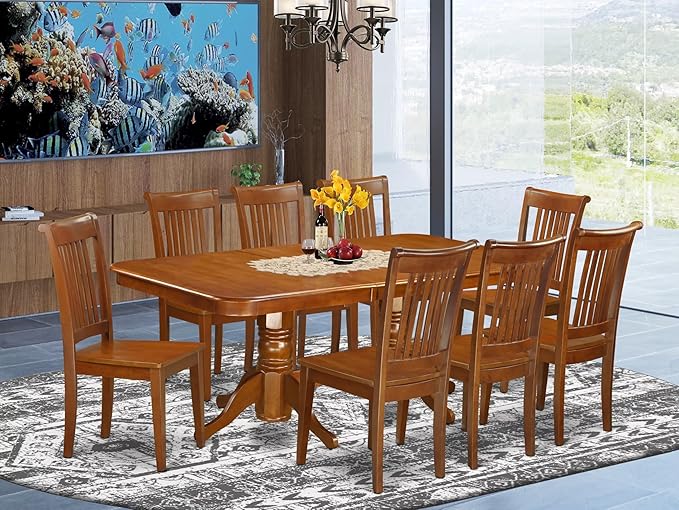 East West Furniture NAPO9-SBR-W 9 Piece Kitchen Table Set Includes a Rectangle Dining Table with Butterfly Leaf and 8 Dining Room Chairs, 40x78 Inch, Saddle Brown