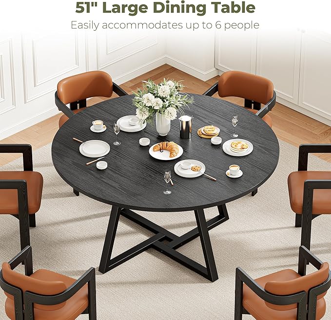 IRONCK 51" Round Dining Table for 6, Wood Kitchen Table with Metal Base, Space Saving Industrial Circle Dinner Table for Kitchen Dining Room, Black