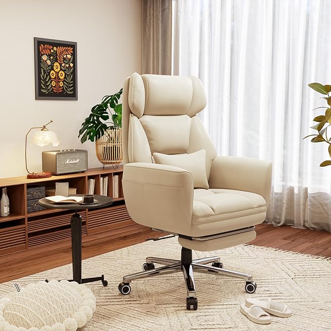 GABRYLLY Office Criss Cross Chair with Footrest, Big and Tall Executive Chair with Wide Seat,Reversible Armrest,Wheels, Lumbar Pillow and 120°Tilt,Computer Desk Chair for Gaming,Meditation,Ivory