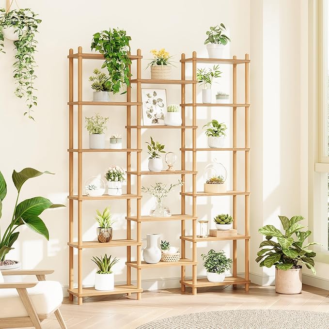 IOTXY Wooden Triple Wide Bookshelf - 6-Tier Large Shelf Bookcase with Solid Beech Frame, Tall Freestanding Open Etagere Display Rack for Home Office, Oak