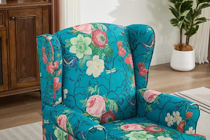 Ball & Cast Modern Accent Chair,Comfy Upholstered Armchair with Retro Wood Legs,Floral Design Single Sofa Chair,Living Room Furniture for Apartment,Bedroom,Office,Linen Fabric,Floral Cyan