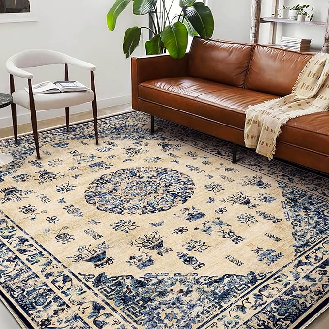 Washable Area Rug 9'x12' Retro Boho Design Non-Shedding Easy Care Ideal for High Traffic Areas in Living Room Bedroom Office Coffee Table Kitchen Large Carpet