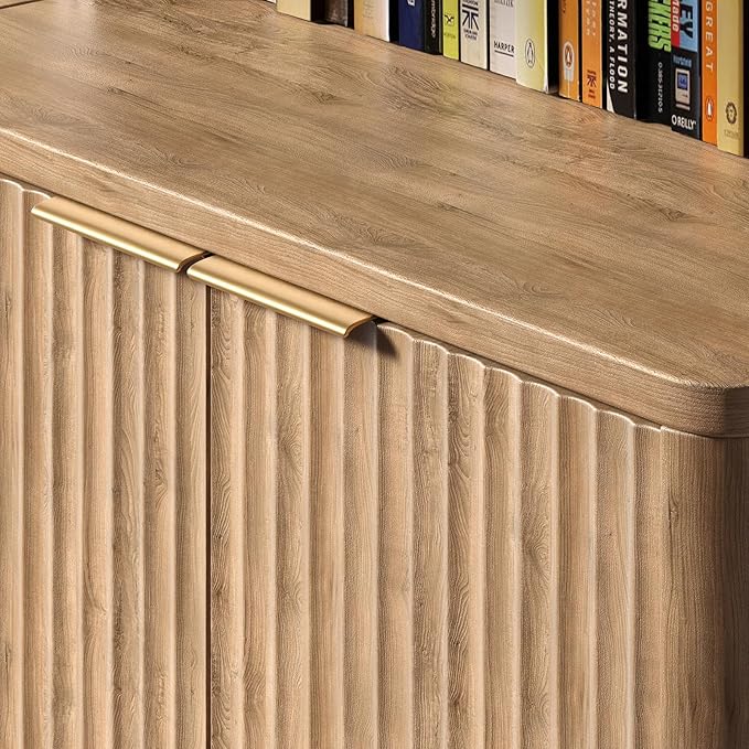71" Oak Bookcase with Doors, 5-Tier Fluted Tall Bookshelf with Storage, Librero with Cabinet for Home Office, Living Room,or Bedroom