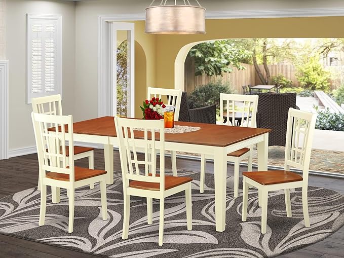 East West Furniture QUNI7-WHI-W 7 Piece Kitchen Table Set Consist of a Rectangle Dining Table with Butterfly Leaf and 6 Dining Chairs, 40x78 Inch, Buttermilk & Cherry