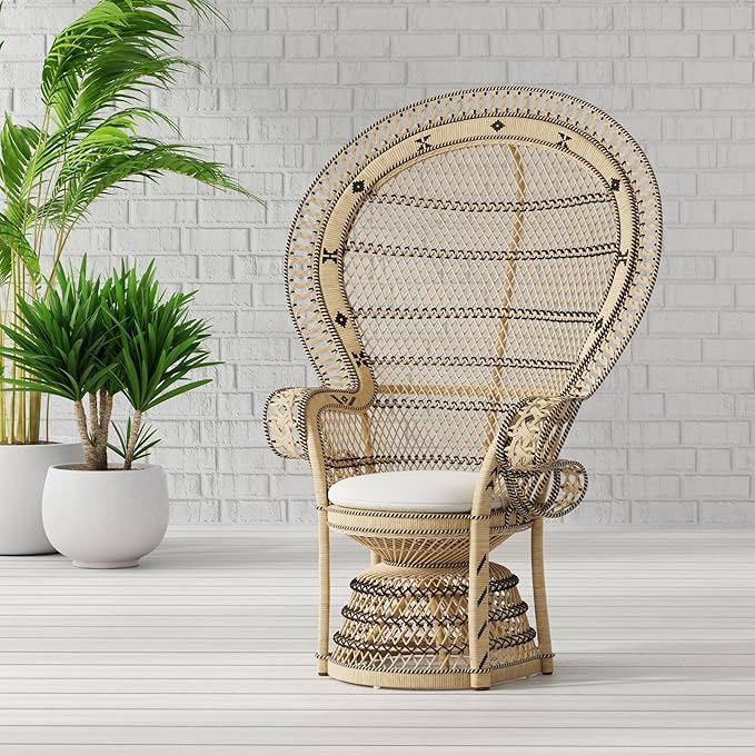KOUBOO Grand Pecock Retro Peacock Chair in Rattan with Seat Cushion, Natural Color, Large