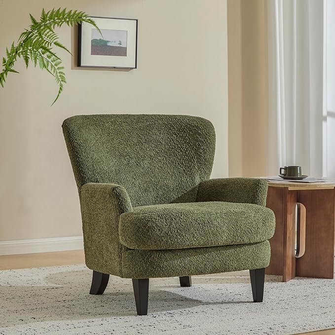 Christopher Knight Home Colby Boucle Upholstered Club Chair, Living Room Accent Chair, Wooden Frame, Flared Armrest, Plush Thick Cushion, Reading Lounge Chair, Space-Saving Furniture, Olive Green