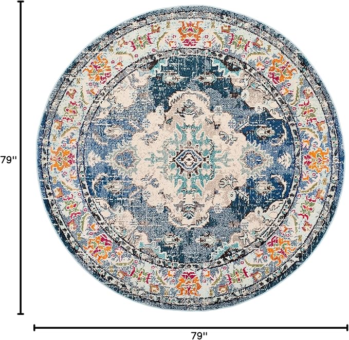 SAFAVIEH Monaco Collection Area Rug - 6'7" Round, Navy & Light Blue, Boho Chic Medallion Distressed Design, Non-Shedding & Easy Care, Ideal for High Traffic Areas in Living Room, Bedroom (MNC243N)