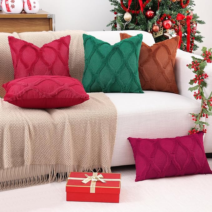 decorUhome Throw Pillow Covers 24x24 Inch Set of 2, Soft Plush Faux Fur Wool Burgundy Couch Pillow Covers, Decorative Neutral Pillow Cases for Bed Sofa Living Room Home Decor