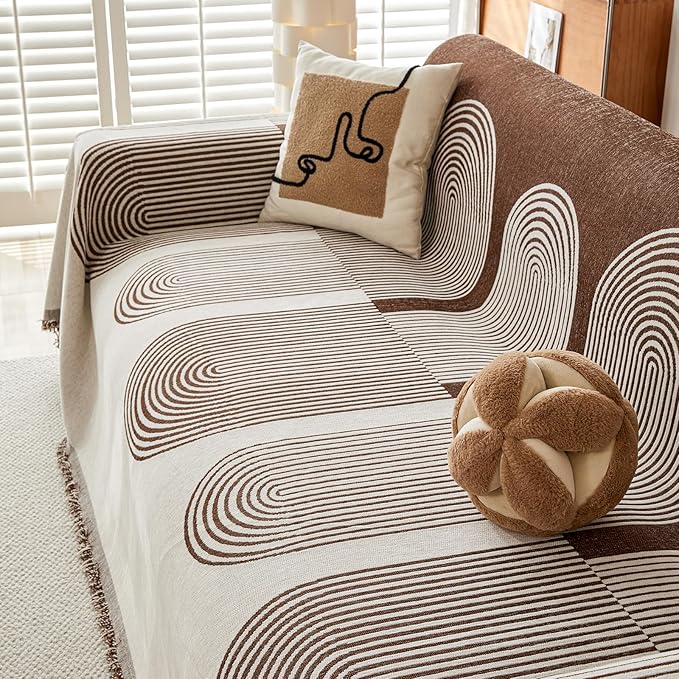 STACYPIK Soft Boho Chenille Couch Cover for Pets Beige Khaki Sofa Cover for 3 Cushion Couch Non Slip Furniture Protector with Tassels Geometric Couch Cover L Shaped Pet Friendly Washable-71x134IN