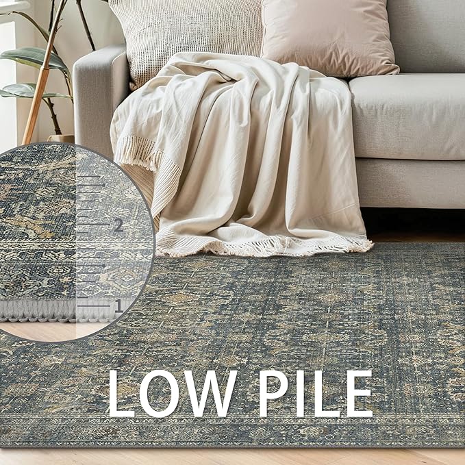 2X7 Area Rugs Machine Washable Rugs for Living Room, Vintage Boho Large Rugs for Bedroom Dining Room, Non Slip Indoor Soft Distressed Lightweight Thin Low Pile Carpet, Deep