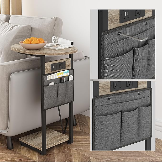 Vagusicc C Shaped End Table with Charging Station, Small Side Table for Couch, Slide Under Sofa Table for Living Room Bedroom, Round Couch Side Table, C Table for Couch Snack Table TV Tray, Greige
