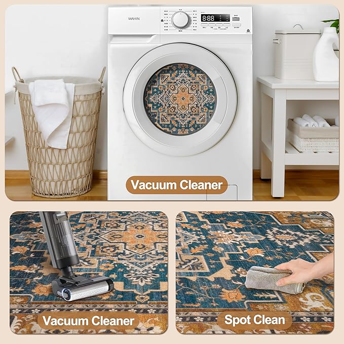 Tangsoo 4x6 Washable Rug Vintage Non Slip Indoor, Distressed Carpet for Living Room, Dining Room, Soft Low Pile Rugs Foldable Floor for Bedroom Dorm Bedside Bathroom Indigo Ochre