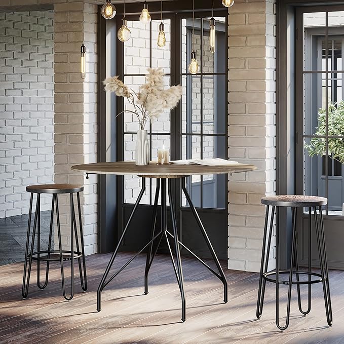 Set of 2 Bar Stools - 24-Inch-Tall Backless Barstools with Hairpin Legs and Wood Seat for Kitchen, Dining Room, or Bar by Lavish Home