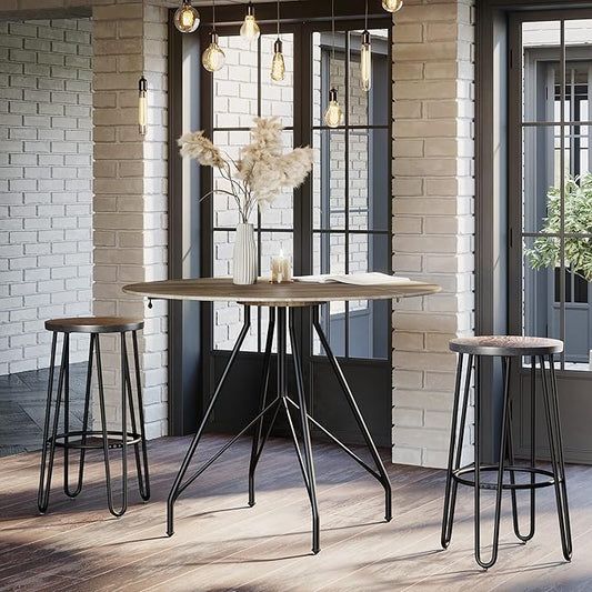Lavish Home Set of 2 Counter-Height Bar Stools - 29.5" Round Wood Barstools with Hairpin Legs for Kitchen or Dining Room - Modern Farmhouse Furniture