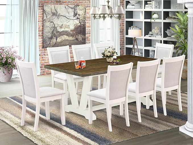 East West Furniture V077MZ001-9 9 Piece Modern Dining Table Set Includes a Rectangle Wooden Table with V-Legs and 8 Cream Linen Fabric Parson Dining Chairs, 40x72 Inch, Multi-Color