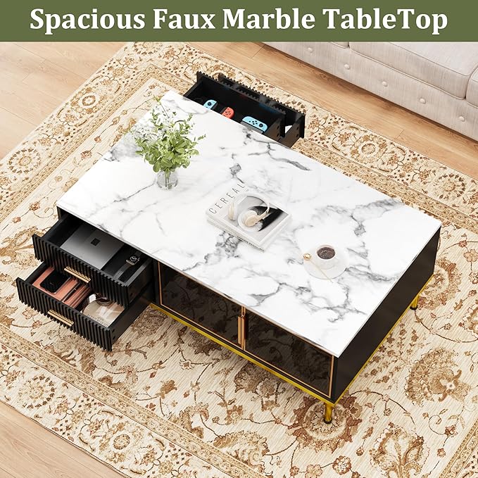 GAOMON Coffee Table for Living Room, Faux Marble Coffee Table with 4 Drawers and Glass Doors Storage, Modern Aesthetic Fluted Panel Design,Black & Gold