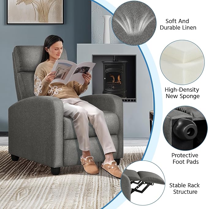 Yaheetech Fabric Recliner Chair Sofa Ergonomic Adjustable Single Sofa with Thicker Seat Cushion Modern Home Theater Seating for Living Room Matte Grey