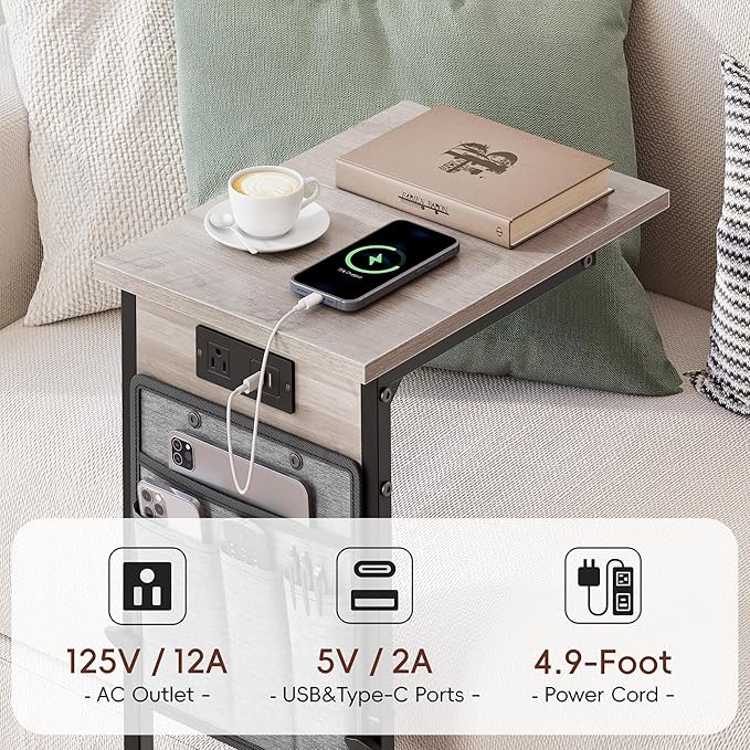 VAGUSICC C Shaped End Table with Charging Station, Adjustable Height Side Table for Couch Recliner, Small Sofa Table with Storage Bag, Slide Under Sofa TV Tray Arm Table for Living Room, Bedroom, Gray