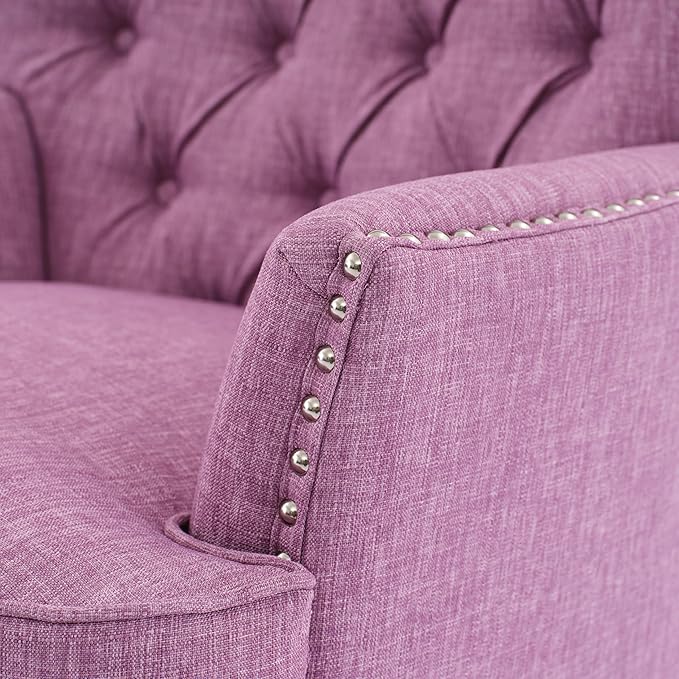 Ball & Cast Accent Chair,Mid-Century Lounge Living Room Chairs with Button Tufting,Upholstered Reading Accent Chair W/Solid Wood Legs and Curved Backrest,for Bedroom,Apartment,Pink