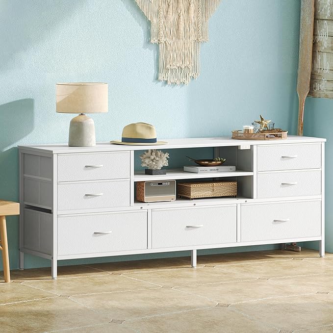Huuger Dresser for Bedroom With Power Outlets and LED Lights, 7 Drawers TV Stand for 60 Inch TV, Console With Open Shelf, 55 Inches Wide White, PU Leather