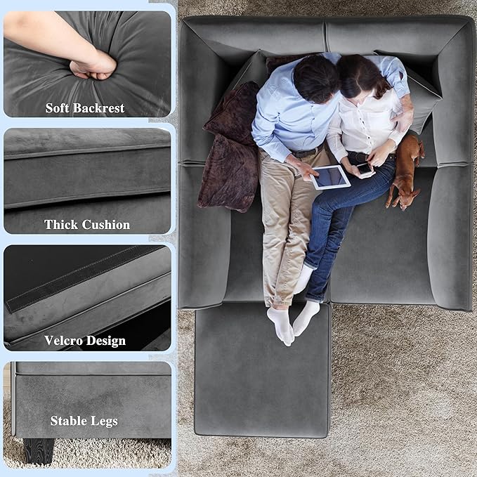 Shintenchi 5 Pieces Sectional Couch Modular Sofa,U Shaped Reversible Chaise Velvet SofaCouch with Cushions,Modular Sectional Sofa with Ottoman for Living Room (Dark Grey)