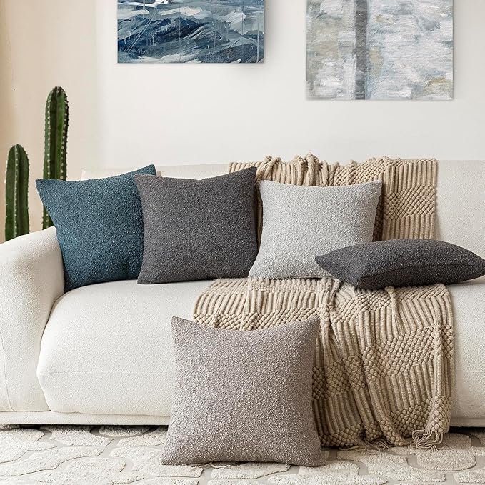 Foindtower Set of 2, Decorative Textured Boucle Throw Pillow Covers Accent Solid Pillow Cases Neutral Soft Cozy Couch Cushion Case for Chair Sofa Bedroom Living Room Home Decor 24 x 24 Inch Blue