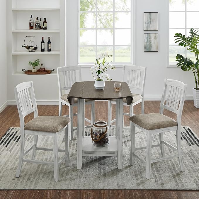 Ball & Cast 5 Pieces Dining Table Set with 4 Chairs and 42" Round Drop Leaf Dining Table,Kitchen Table and Chairs for 4 W/Trestle Table Base,for Small Space,Apartment,Dining Room,Brown White