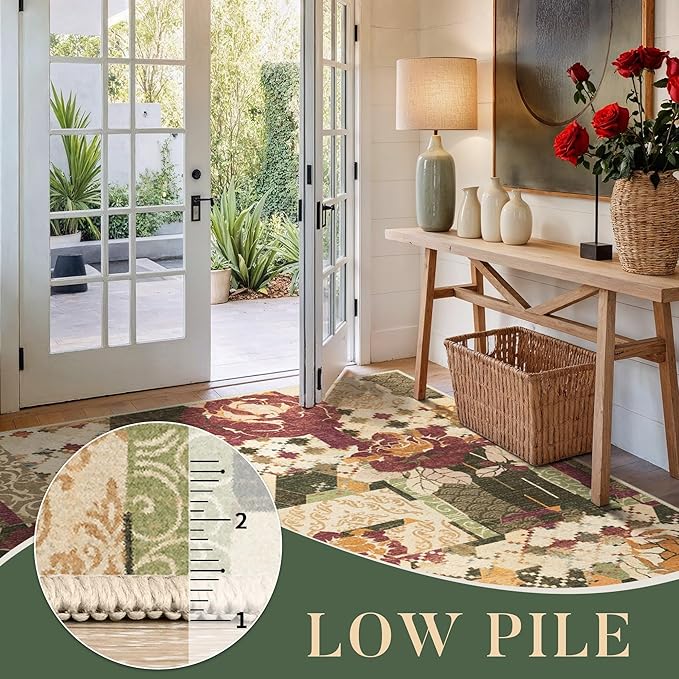 GENIMO Area Rug 2x3 Doormat, Machine Washable Low Pile Rugs, Small Floral Patchwork Retro Chenille Entryway Mat for Entrance, Hallway, Kitchen and Corridor, Auburn Cinnamon