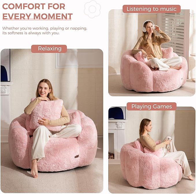 MAXYOYO Bean Bag Chair with 3 Pillows, Oversized Floral Shaped Bean Bag Sofa for Adults, Ultra Soft Faux Fur Floor Sofa, Large Stuffed Reading Chair for Living Room Bedroom, Pink