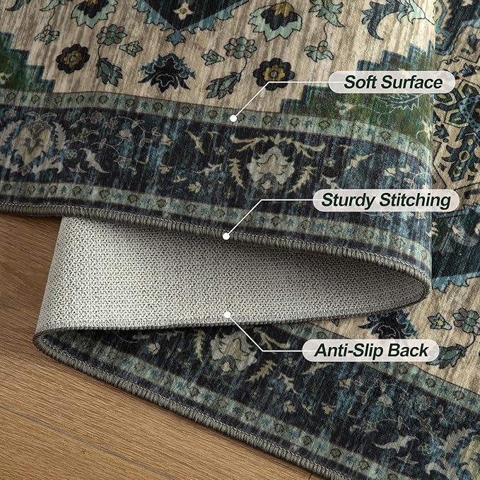 Tangsoo 2x3 Rugs for Entryway, Vintage Washable Non Slip Small Area Rug, Indoor Front Door Rug, Print Distressed Door Mat Carpet, Soft Low Pile Rugs for Entrance Kitchen Bedroom Green