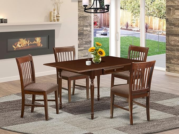 East West Furniture MZNO5-MAH-C 5 Piece Modern Dining Table Set Includes a Rectangle Wooden Table with Dropleaf and 4 Linen Fabric Dining Room Chairs, 36x54 Inch, Mahogany