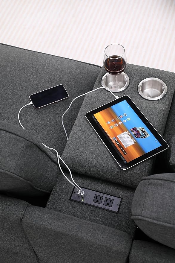 127" L-Shaped Sectional Couch with Movable Ottoman & 6 Throw Pillows,7 Seat Chenille Upholstered Sofa W/2 Cup Holders,USB Port & Hidden Storage Box,DIY Combination,for Living Room,Apartment,Gray