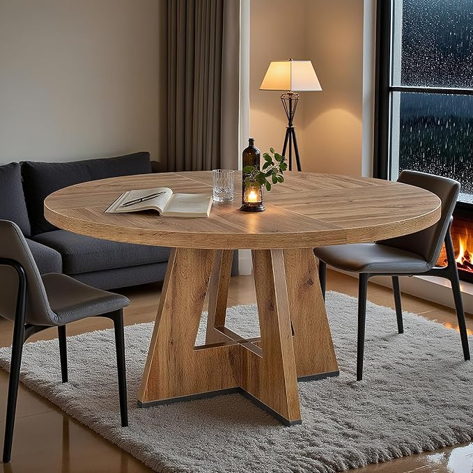 47" Round Dining Table for 4-6, Modern Dinner Table Farmhouse Round Small Kitchen Tables with Wooden Cross Base for Dining Room, Kitchen, Living Room, Retro Brown