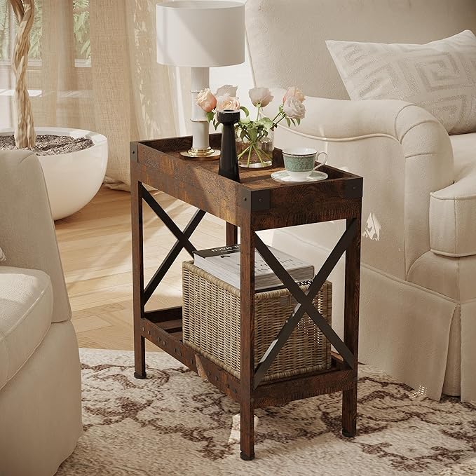 Narrow Side Table, Slim End Table with Charging Station for Small Spaces, with 2 USB and 2 Power Outlets, 21.7" L x 10" W x 21.7" H