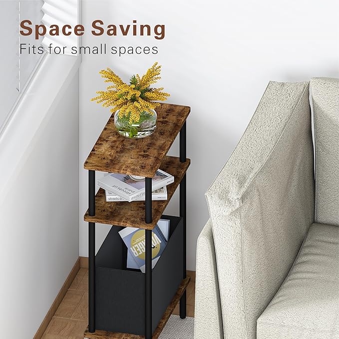 Narrow Side Table with Fabric Basket, End Table for Small Spaces, Slim Nightstand with 3-Tier Storage Shelf, Sofa Beside Table, for Living Room, Bed Room, Rustic Brown