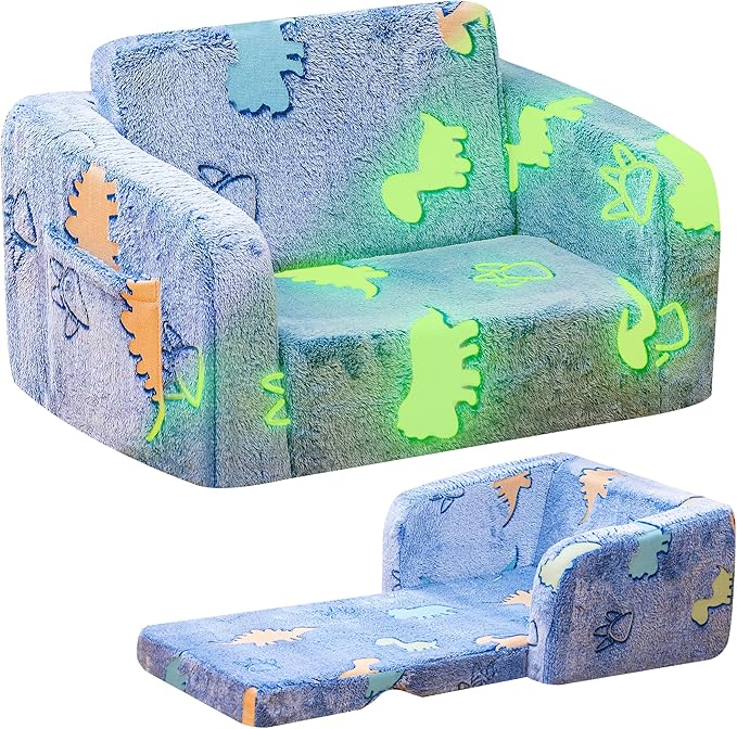 Lamerge 2-in-1 Soft Toddler Couch Fold Out,Foldable Toddler Chair, Glow in The Dark Kids Sofa for playroom,Convertible Foam and Floor Cushion for Boys and Girls (Blue and Dinosaur)