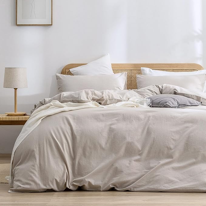 BESTOUCH Duvet Cover Set 100% Washed Cotton Linen Feel Super Soft Comfortable Chic Lightweight 2 PCs Home Bedding Set Solid Linen Grey Twin/Twin XL