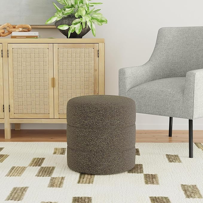 HomePop Upholstered Round Ottoman (No Lid, Seat Only) Home Décor | Round Pouf Foot Rest – Dark Brown Boucle
