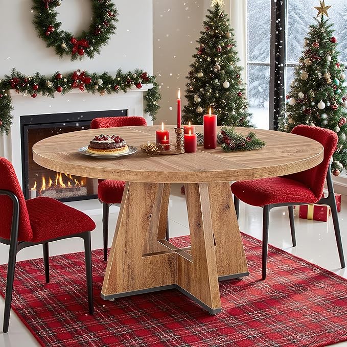 47" Round Dining Table for 4-6, Modern Dinner Table Farmhouse Round Small Kitchen Tables with Wooden Cross Base for Dining Room, Kitchen, Living Room, Retro Brown