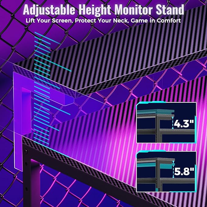 PRAISUN 61.7" Gaming Desk with LED Lights & Outlets, Computer Desk with 3 Fabric Drawers, PC Desk with PC Case Stand & Movable Storage Shelves, Monitor Stand, Reversible, Carbon Fiber Black