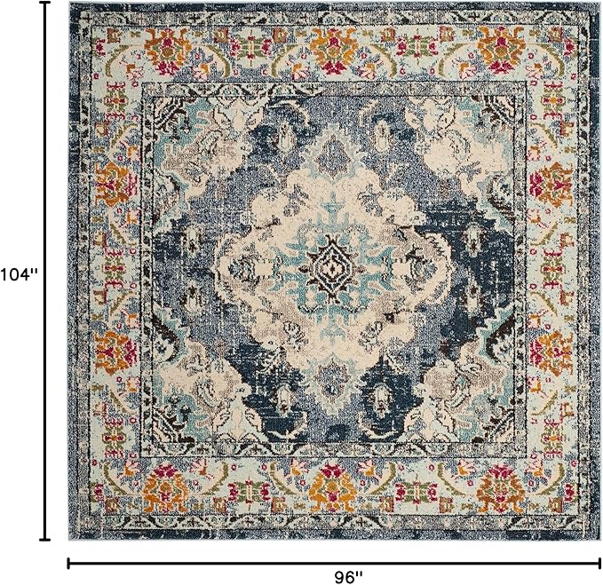 SAFAVIEH Monaco Collection Area Rug - 8'8" Square, Navy & Light Blue, Boho Chic Medallion Distressed Design, Non-Shedding & Easy Care, Ideal for High Traffic Areas in Living Room, Bedroom (MNC243N)