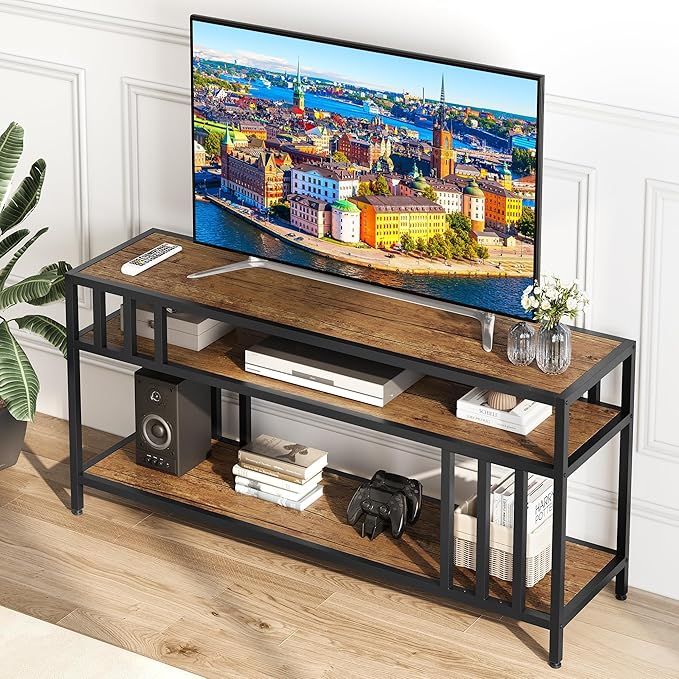 Garvee 58" TV Stand for Television up to 65 Inches, Entertainment Center with 3-Tier Open Shelves, TV Media Console Table with Quadruple-Tube Support for Living Room, Entryway, Rustic Brown