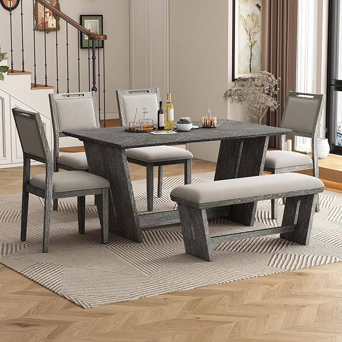 Ball & Cast 6-Piece Dining Table Set for 6 People, 60" Wood Dining Kitchen Table & Chairs Set, Rectangular Dining Room Table with Trapezoidal Base,4 Upholstered Chairs & 1 Bench, Kitchen, Gray