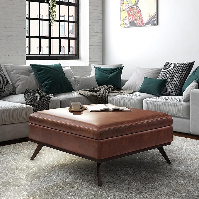 SIMPLIHOME Owen 40 inch Wide Mid Century Modern Square XL Coffee Table Storage Ottoman in Distressed Saddle Brown Vegan Faux Leather, Assembled, For the Living Room, Entryway and Family Room