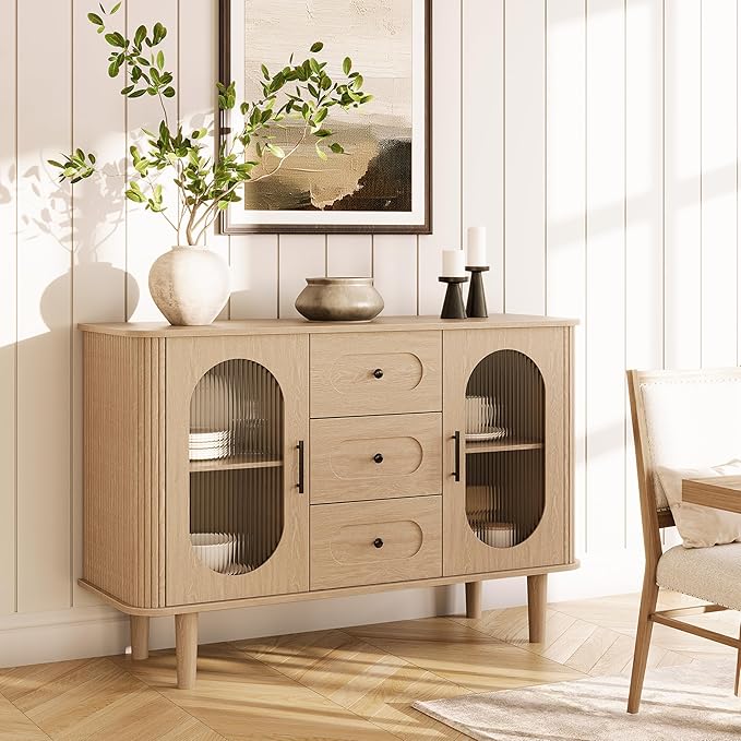 GarveeHome 47.2" Sideboard Buffet Cabinet with 2 Fluted Glass Doors & 3 Drawers, Modern Farmhouse Accent Coffee Bar with Adjustable Shelves for Kitchen, Living Room, Hallway, Natural